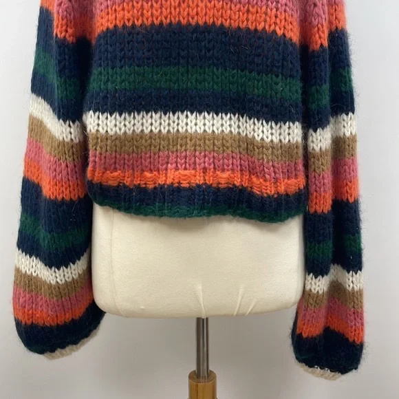 Zara Striped Slouchy Chunky Knit Balloon Sleeve Crop Sweater Retro Boho Small - Picture 5 of 12